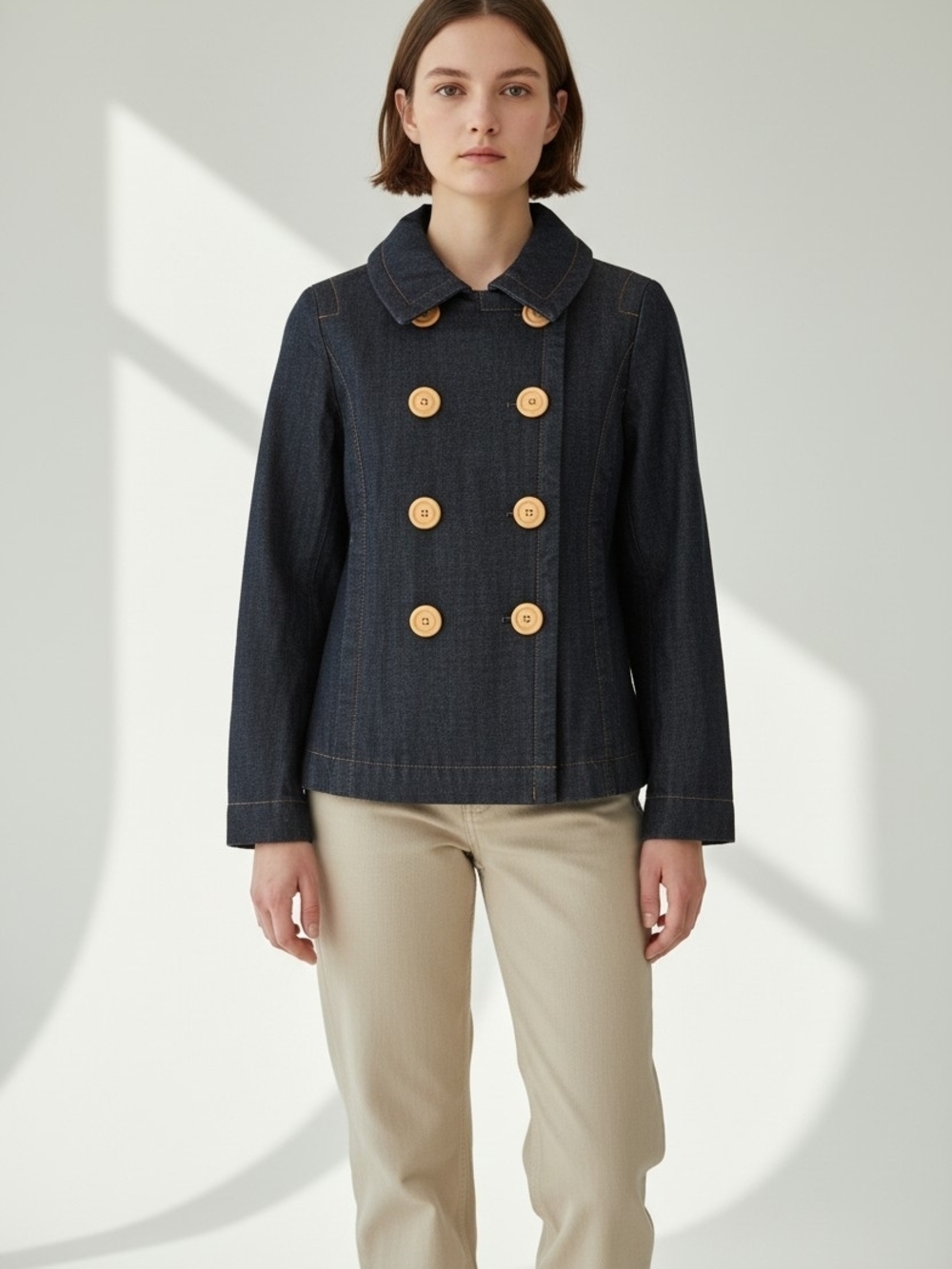 Marc Jacobs Navy Denim Double-Breasted Pea Coat Yellow Buttons Misses Size 4